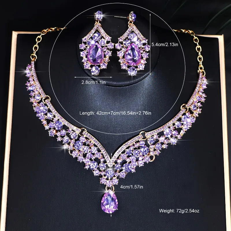 Sparkling Luxurious Women Earrings Necklace Set Water Drop Rhinestones Crystal Adjustable Jewelry Set for Wedding Bride