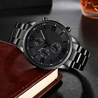 4PCS Business Men's Gift Box Watch Set Fashion Trend Quartz Watch Bracelet Necklace Ring Set Perfect Gift Set for Friends or Dad