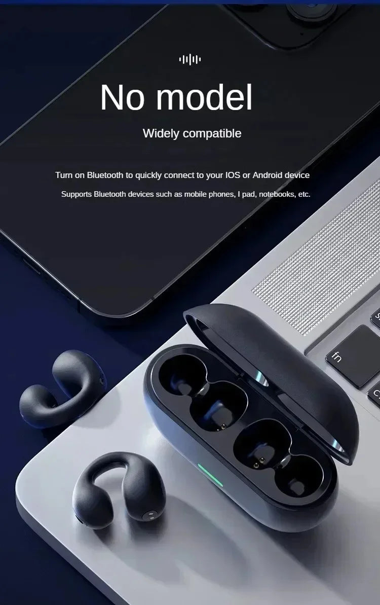 Bluetooth Earphone 5.3 Wireless Bone Conduction Headphones Clip Ear Music Noise Canceling HD Call Sports Gaming Earphone