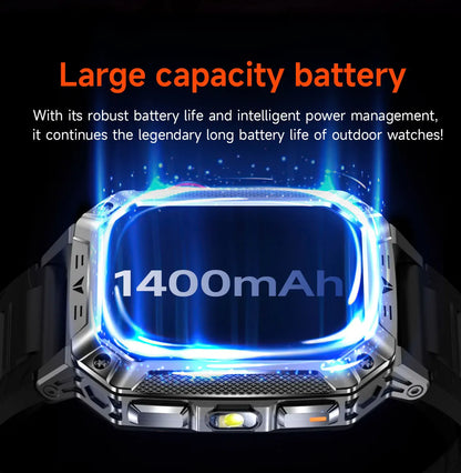 Robust military smart watch 1400Mah battery fitness tracking 10ATM waterproof tactical sports flashlight men's phone watch