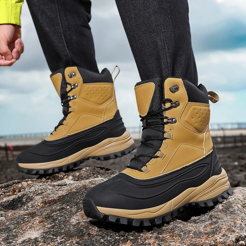 Men's Winter High-Top Snow Boots with Fleece Lining Thickened Waterproof Non-Slip Warm and Cold-Resistant Cotton Hiking Shoes