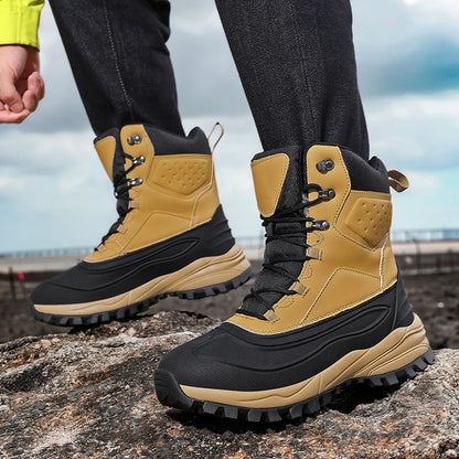 Men's Winter High-Top Snow Boots with Fleece Lining Thickened Waterproof Non-Slip Warm and Cold-Resistant Cotton Hiking Shoes