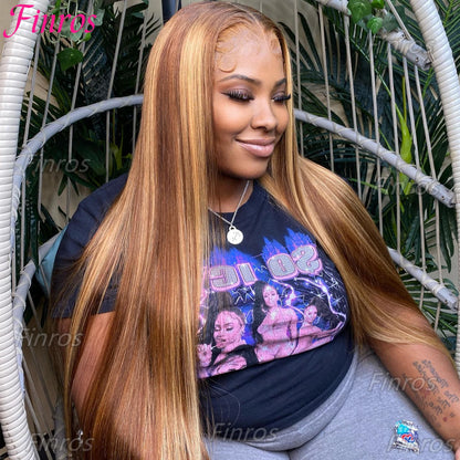Finros Highlight Wig 13x6 Hd Lace Frontal Wig Straight Blonde Lace Front Wigs Human Hair 100% Honey  Brown Colored Wig For Women