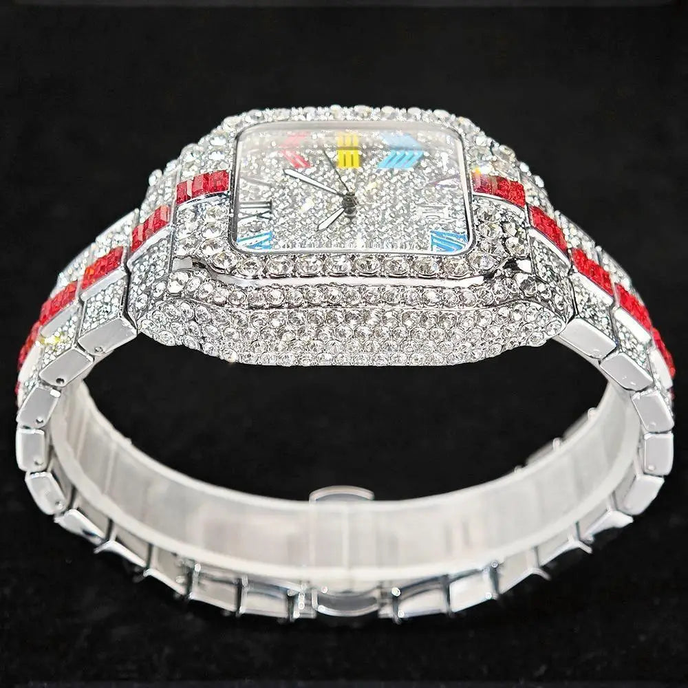Hot Sale Blue Iced Watch For Man Fashion Colorful Roman Literal Quartz Watch Hip Hop Diamond Jewelry Square Wrist Watch Men Gift