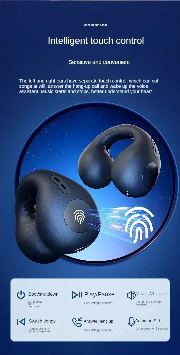 Bluetooth Earphone 5.3 Wireless Bone Conduction Headphones Clip Ear Music Noise Canceling HD Call Sports Gaming Earphone
