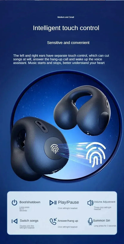Bluetooth Earphone 5.3 Wireless Bone Conduction Headphones Clip Ear Music Noise Canceling HD Call Sports Gaming Earphone