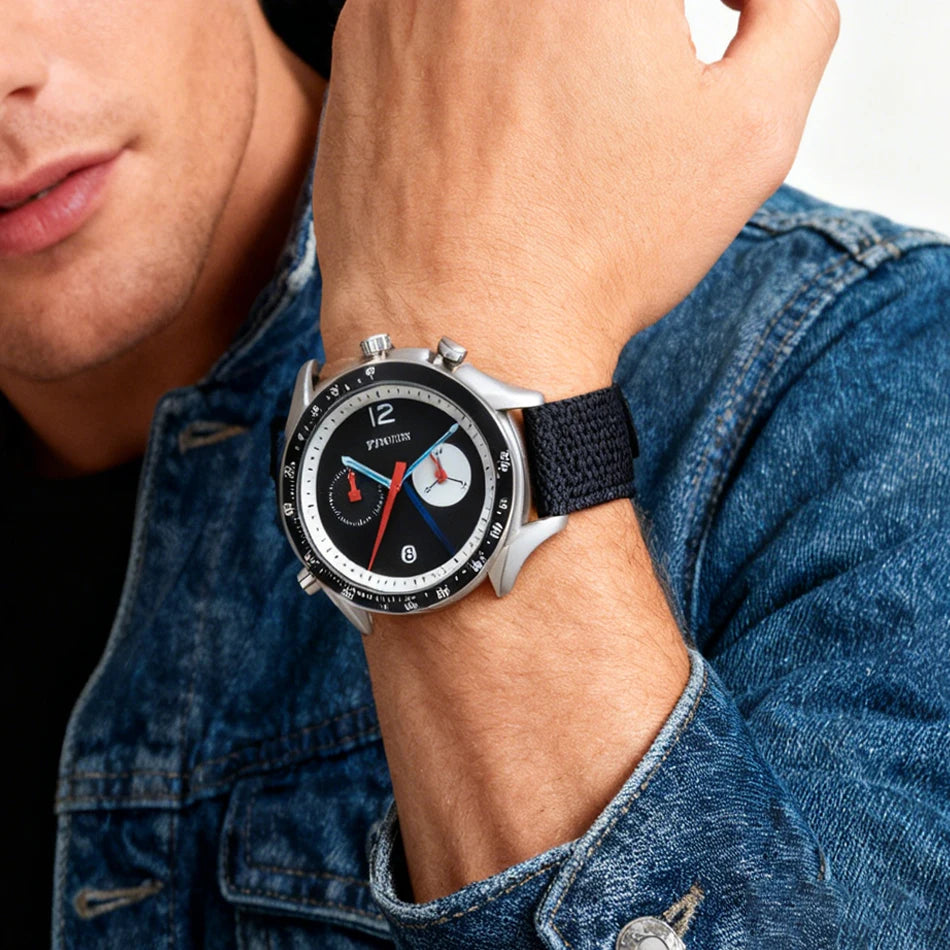 Round Sports Watch for Men Stopwatch Light Luxury Retro Leather Watch Strap Advanced Genuine Quartz Watch Waterproof Men's Watch
