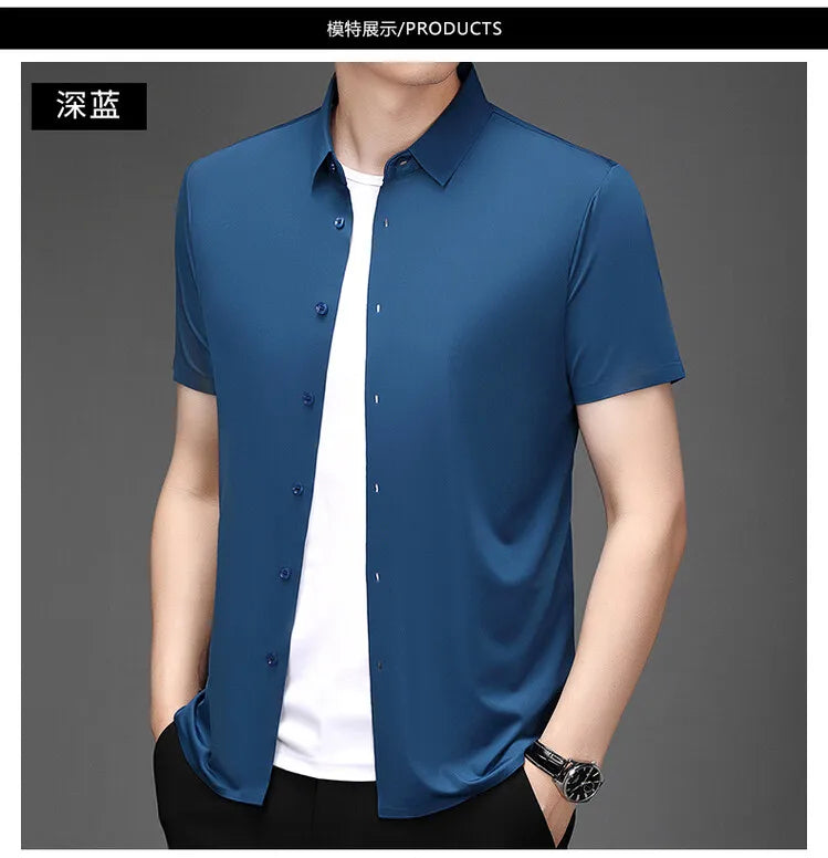 Men's Ultra Stretch Short Sleeve T-Shirt Business Casual Breathable Stretchable Abrasion-Resistant Solid Color Short Sleeve Shirt