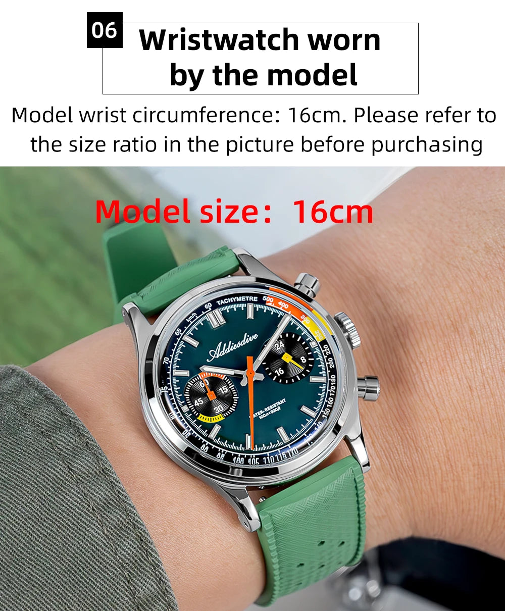 ADDIESDIVE New Men Watch 38mm VK64 Chronograph Fluororubber Luxury Domed Glass BGW9 Luminous 100m Waterproof Quartz Wristwatch