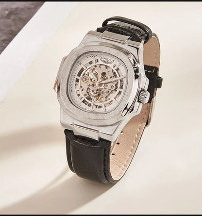 LONGLUX automatic mechanical watch outdoors simple luxury watches waterproof cheap wholesale skeleton leather mens watch gift