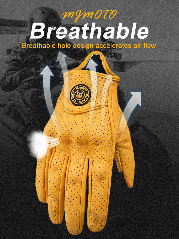 Classic Retro Leather Motorcycle Gloves Summer Wear-Resistant Anti-Slip Men Women Mountain Bike Moto Biker Bicycle Accessories
