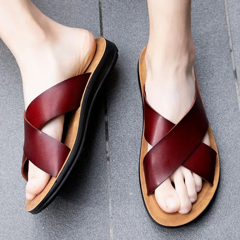 Men Shoes New  Summer Shoes Italian Leather Slippers Men High Quality Size 38-47 Beach Slip on Flats Man Flip Flops Mens Sandals