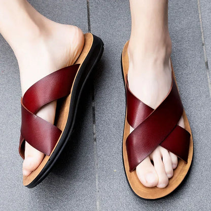 Men Shoes New  Summer Shoes Italian Leather Slippers Men High Quality Size 38-47 Beach Slip on Flats Man Flip Flops Mens Sandals