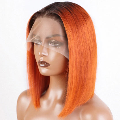 Ombre Straight Bob 13x6X2 Lace Front Wigs Human Hair Short Bob Wigs Ash Blonde Remy Hair Pre Plucked Glueless Wig with Bangs