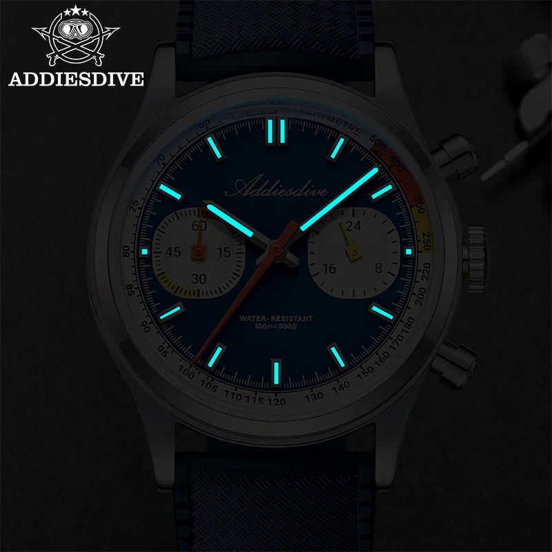 ADDIESDIVE New Men Watch 38mm VK64 Chronograph Fluororubber Luxury Domed Glass BGW9 Luminous 100m Waterproof Quartz Wristwatch