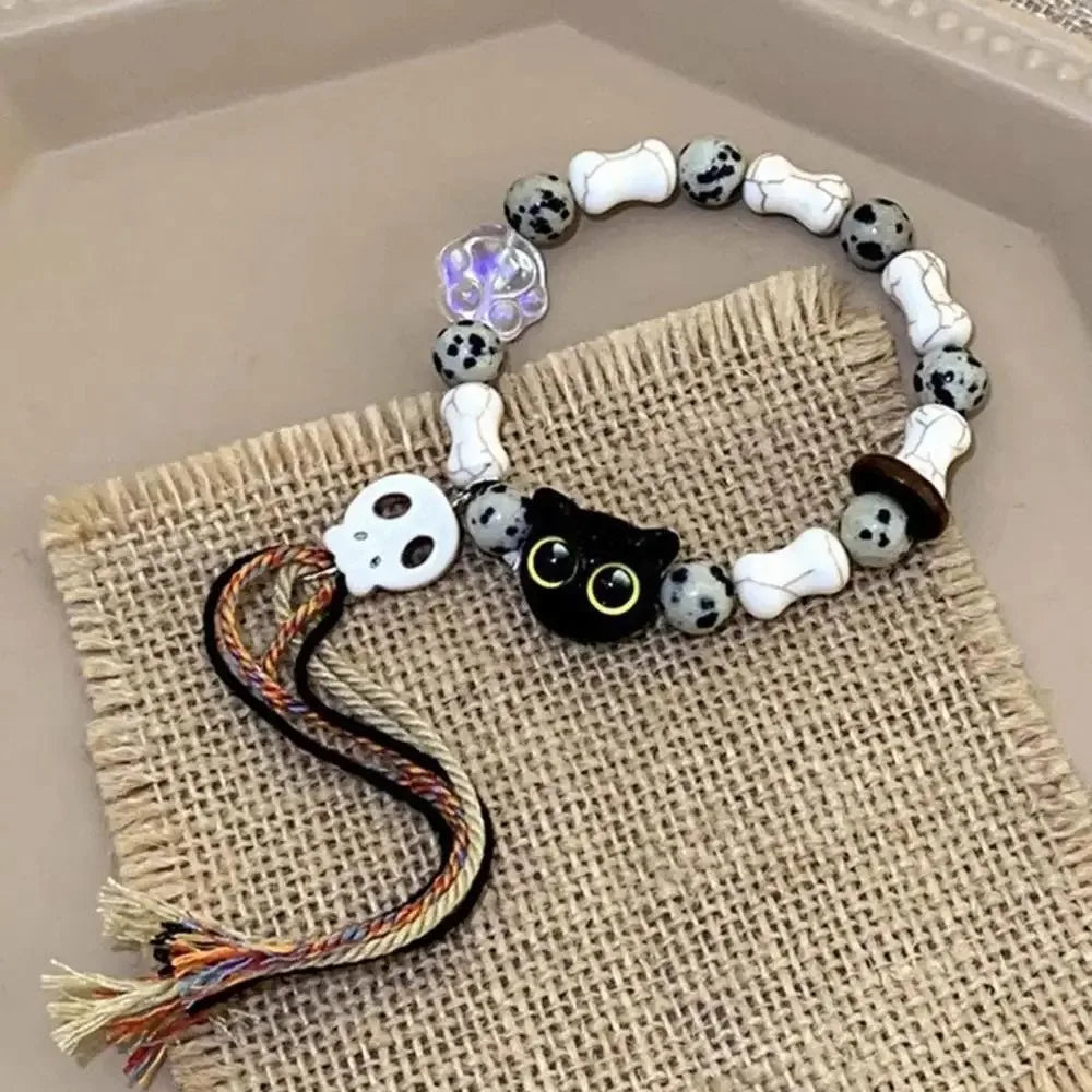 Matching bracelets for couples, women, men, luminous, cute cat friendship bracelet, black and white cat head bracelets, glow in the dark gift.