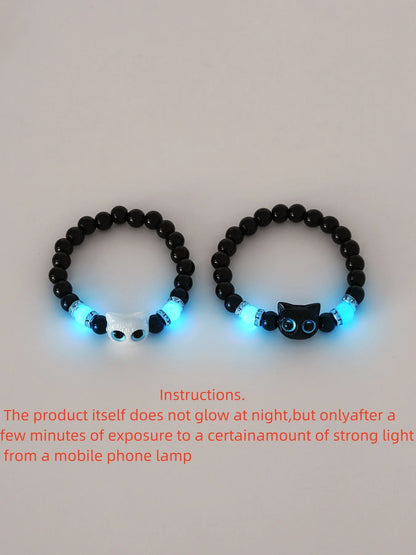 Matching bracelets for couples, women, men, luminous, cute cat friendship bracelet, black and white cat head bracelets, glow in the dark gift.