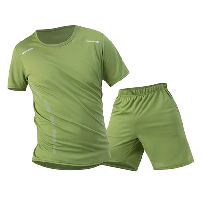 2-Piece Men's Summer Quick drying Sports Suit Loose And Breathable Short Sleeved T-shirt Running And Fitness Black Pocket Shorts