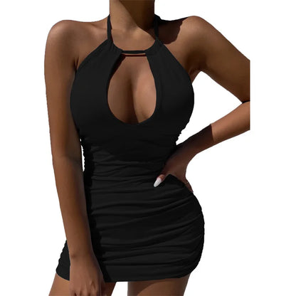Hollow Out Pleated Halter Mini Dress Casual Slim Fashion New Backless 2025 Women Sexy Bodycon Dress Elegant Summer Party Dresses