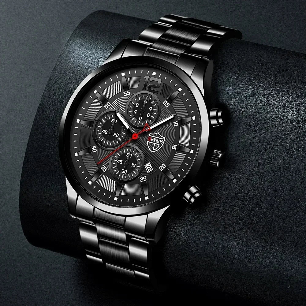 4-Piece Classic Black Men's Quartz Watch Set. Suitable for everyday wear.