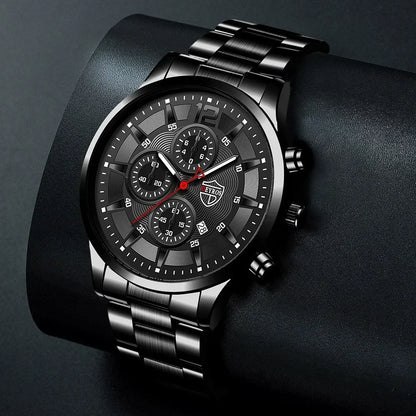 4-Piece Classic Black Men's Quartz Watch Set. Suitable for everyday wear.