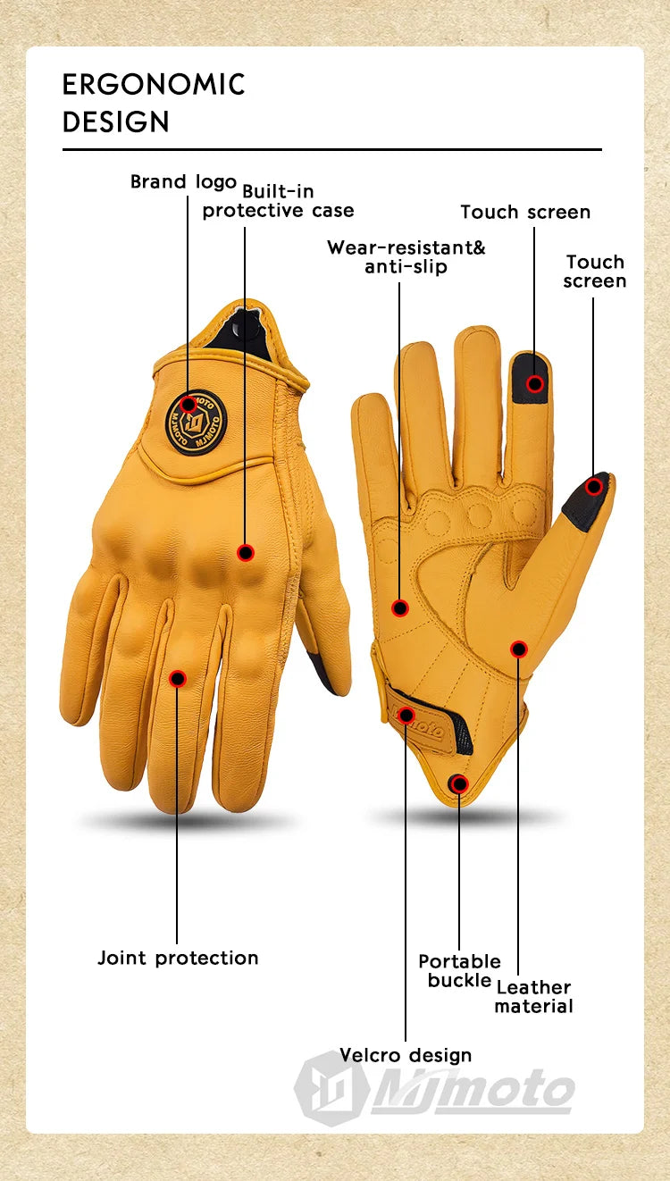 Classic Retro Leather Motorcycle Gloves Summer Wear-Resistant Anti-Slip Men Women Mountain Bike Moto Biker Bicycle Accessories