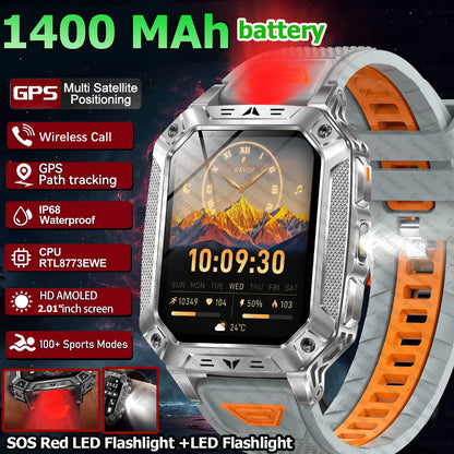 Robust military smart watch 1400Mah battery fitness tracking 10ATM waterproof tactical sports flashlight men's phone watch