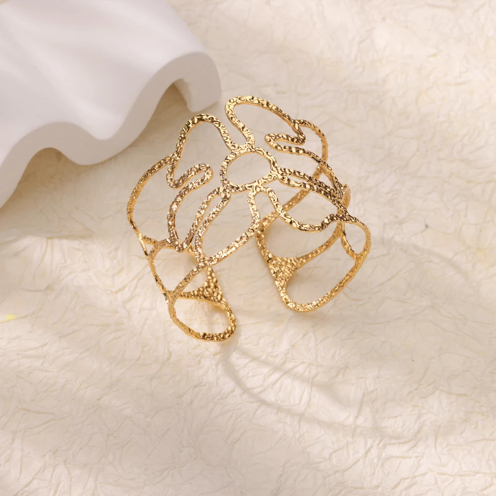 Stainless Steel Bracelet For Women Men Aesthetic Flower Leaf Bangle Opening Gold Color Geometric Bangles Bracelets Femme Jewelry