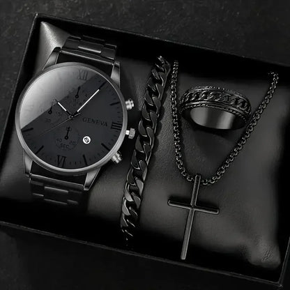 4Pcs/set Luxury Men Business Quartz Watch stainless steel Roman Calendar Wrist Watch Cross Necklace Bracelet Ring Set Men's Gift