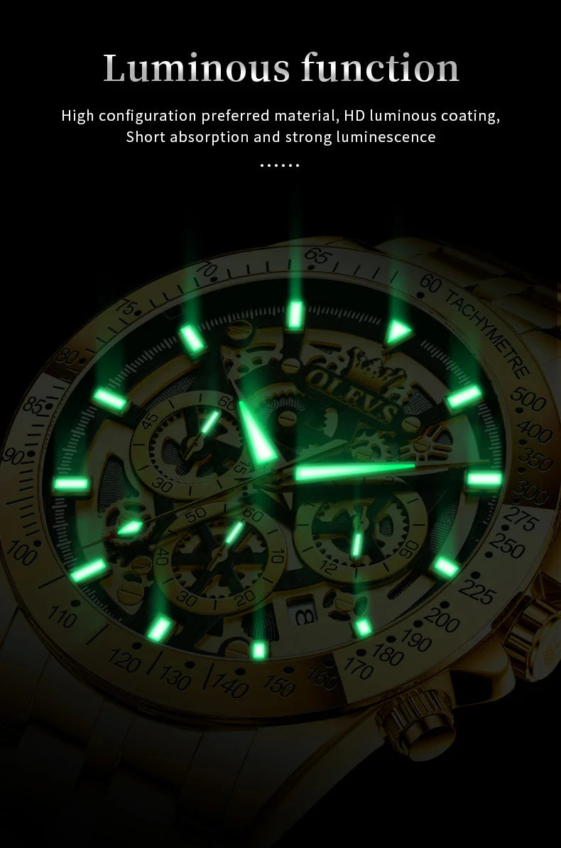 OLEVS Lxuxry Brand Gold Men's Watches Full Skeleton Stainless steel Chronograph Wristwatch Waterproof Luminous Quartz Watch Men