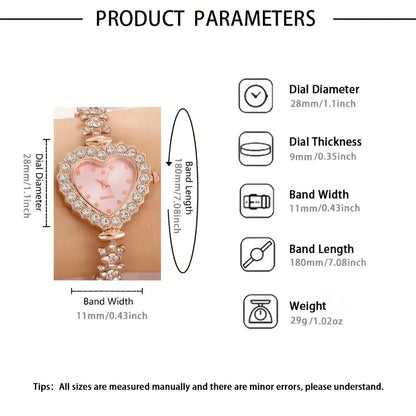 6pcs Women's Watch Rhinestone Heart Pointer Quartz Watch Cute Bracelet Wrist Watch &amp; Jewelry Set, Gift For Her