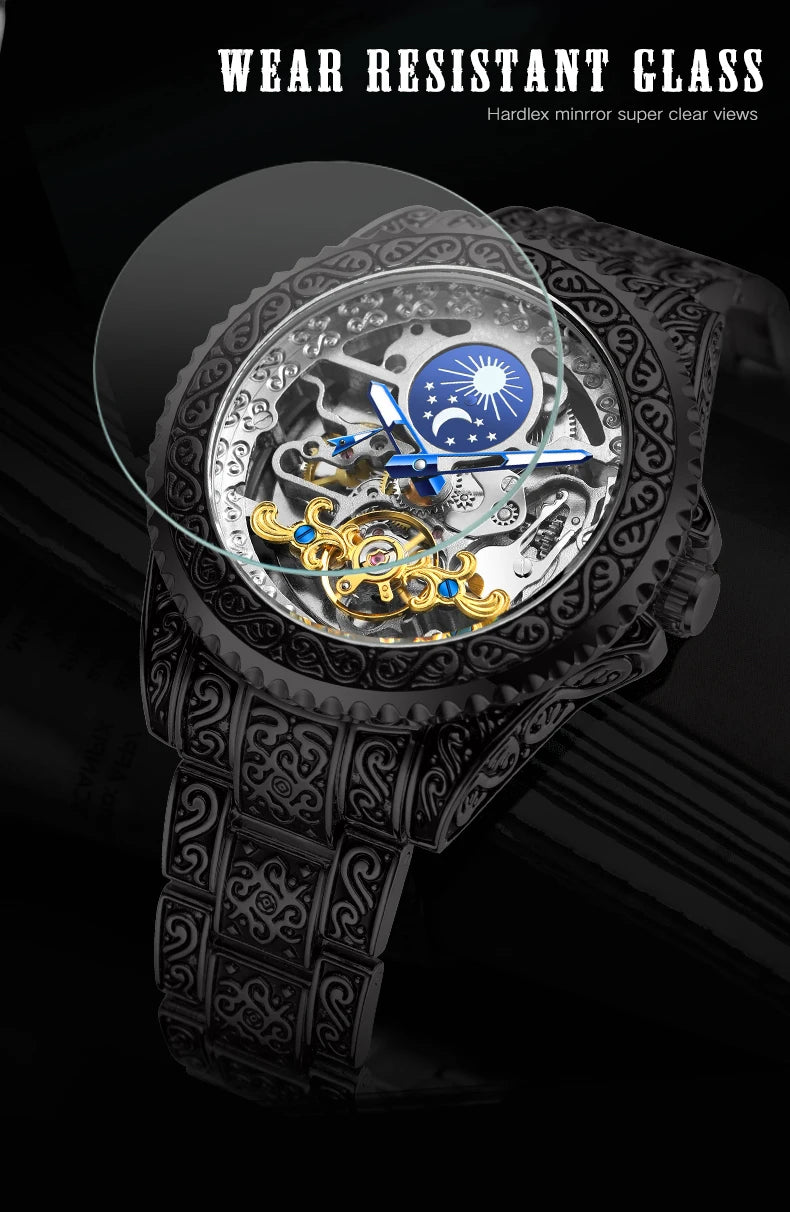 Forsining Luxury Transparent Skeleton Automatic Mechanical Wristwatch Stainless Steel Moonphase Watch Mens Clock reloj hombre
