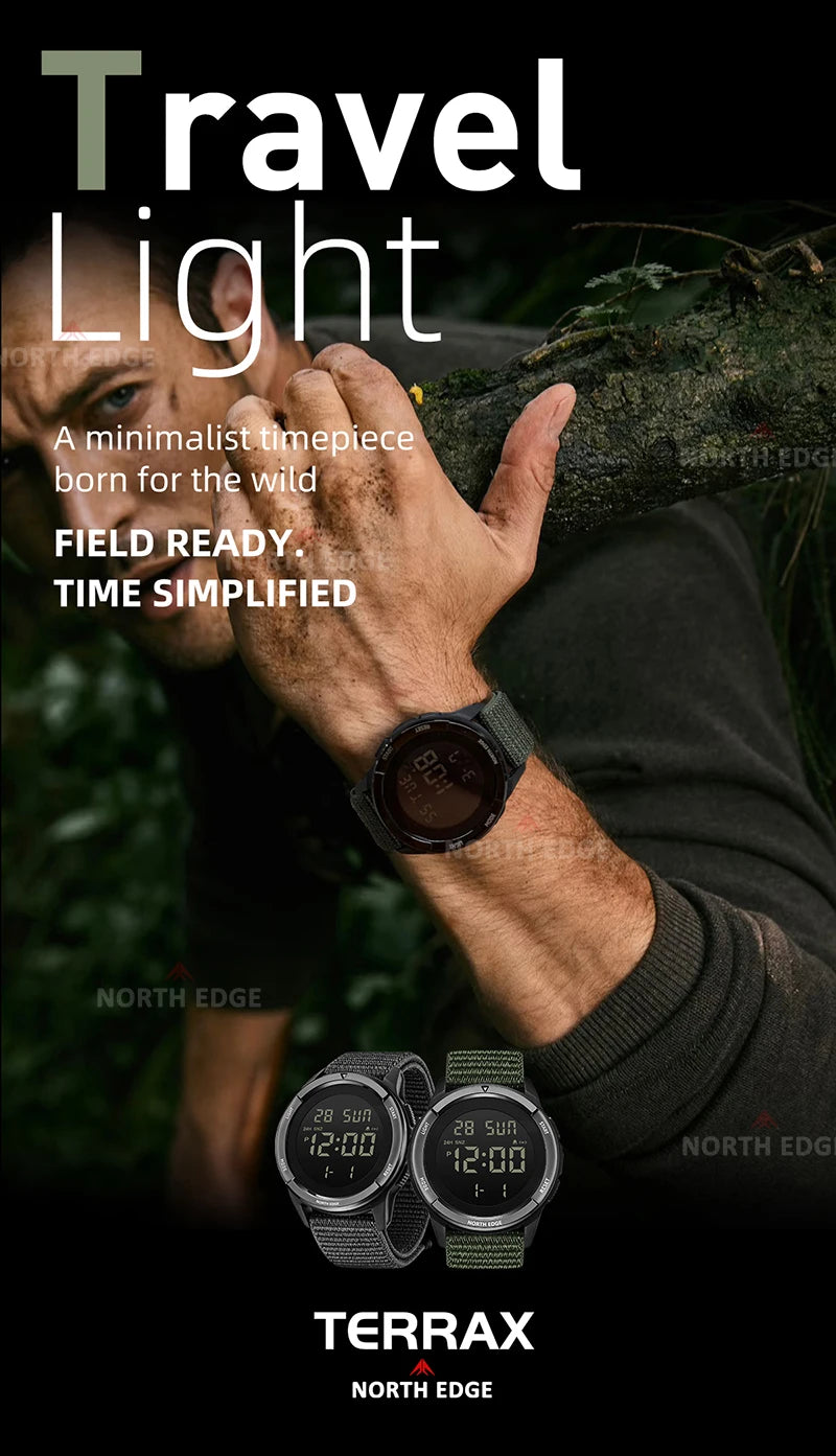 NORTH EDGE 2025 TERRAX Men's Digital Military Watches Outdoor Sports Swimming Waterproof 50M Stopwatch Countdown Light Watch Men