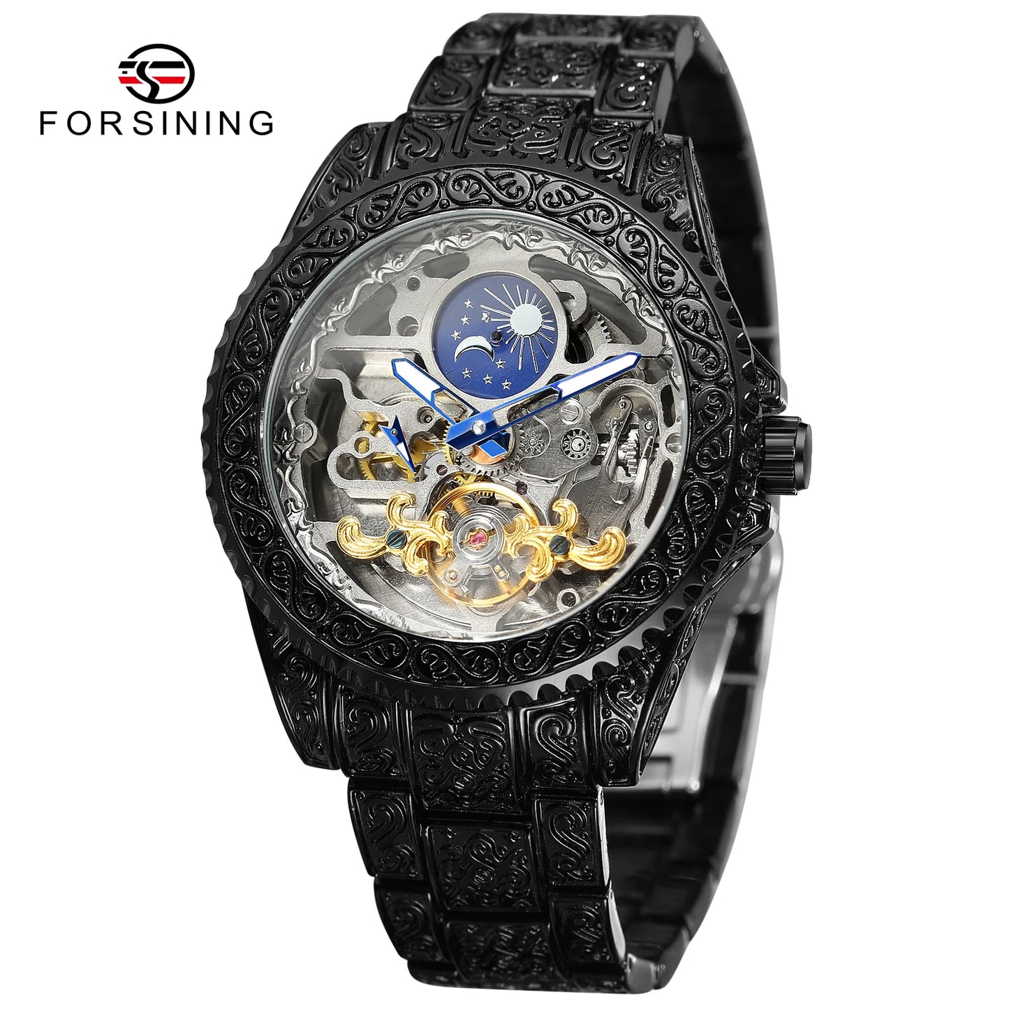 Forsining Luxury Transparent Skeleton Automatic Mechanical Wristwatch Stainless Steel Moonphase Watch Mens Clock reloj hombre