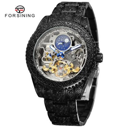 Forsining Luxury Transparent Skeleton Automatic Mechanical Wristwatch Stainless Steel Moonphase Watch Mens Clock reloj hombre
