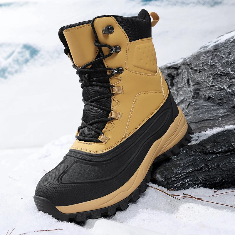 Men's Winter High-Top Snow Boots with Fleece Lining Thickened Waterproof Non-Slip Warm and Cold-Resistant Cotton Hiking Shoes