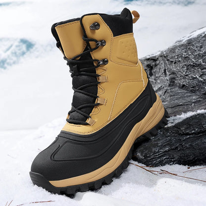 Men's Winter High-Top Snow Boots with Fleece Lining Thickened Waterproof Non-Slip Warm and Cold-Resistant Cotton Hiking Shoes