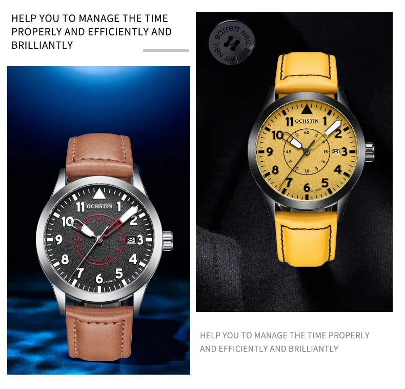 OCHSTIN Men Automatic Mechanical Movement Watch Leather Strap Nylon Male Clock Fashion Waterproof for Men Gift Wirstwatches