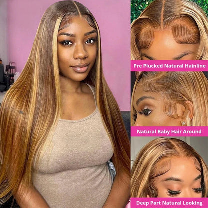 Finros Highlight Wig 13x6 Hd Lace Frontal Wig Straight Blonde Lace Front Wigs Human Hair 100% Honey  Brown Colored Wig For Women