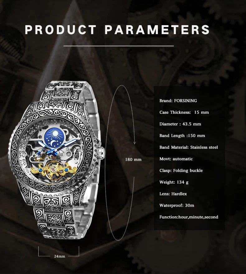 Forsining Luxury Transparent Skeleton Automatic Mechanical Wristwatch Stainless Steel Moonphase Watch Mens Clock reloj hombre
