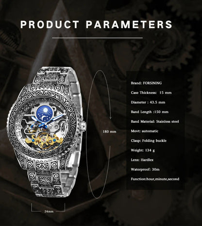Forsining Luxury Transparent Skeleton Automatic Mechanical Wristwatch Stainless Steel Moonphase Watch Mens Clock reloj hombre