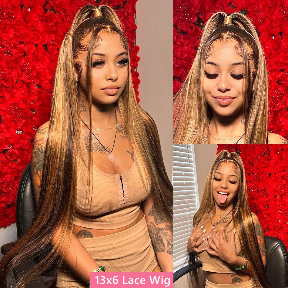 Finros Highlight Wig 13x6 Hd Lace Frontal Wig Straight Blonde Lace Front Wigs Human Hair 100% Honey  Brown Colored Wig For Women