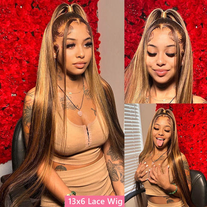 Finros Highlight Wig 13x6 Hd Lace Frontal Wig Straight Blonde Lace Front Wigs Human Hair 100% Honey  Brown Colored Wig For Women