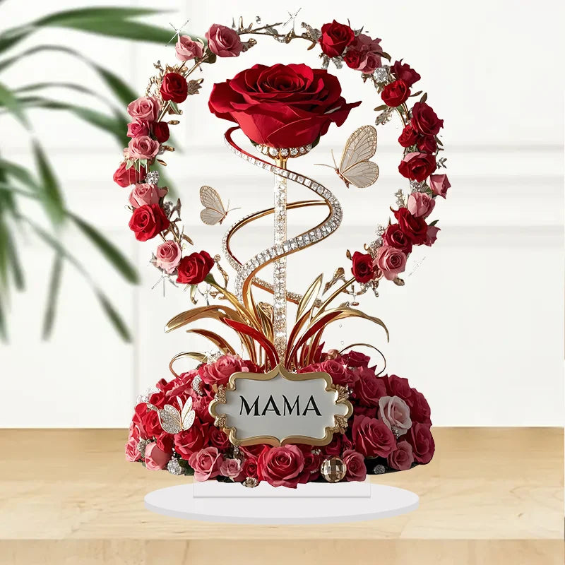 2D acrylic ornament, red rose, mother pattern, flat, elegant table decoration, branch, child, for mother, gifts.