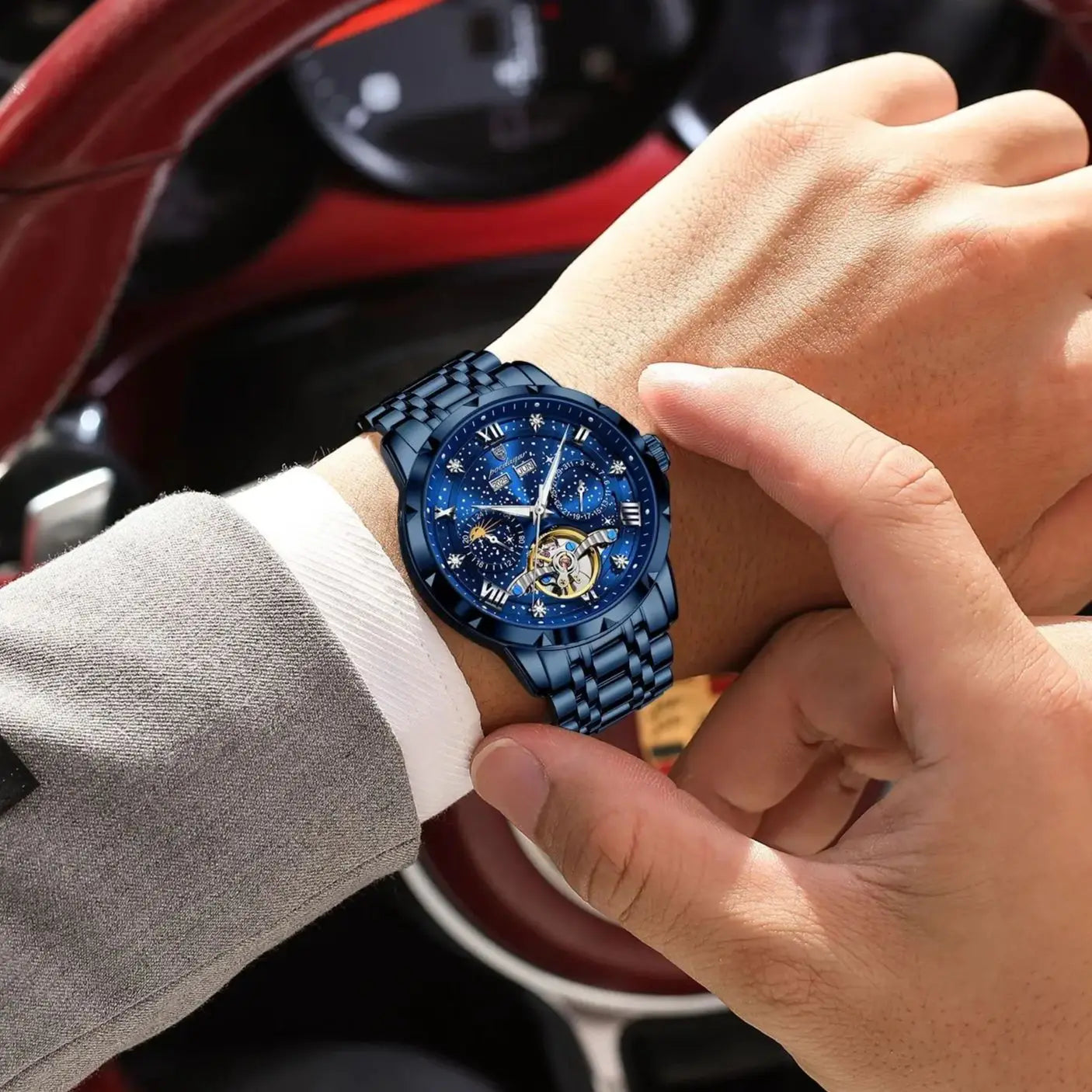 POEDAGAR Luxury Men Wristwatch Fashion Date Hollow Tourbillon Man Clock Automatic Mechanical Stainless Steel Men's Watches Reloj