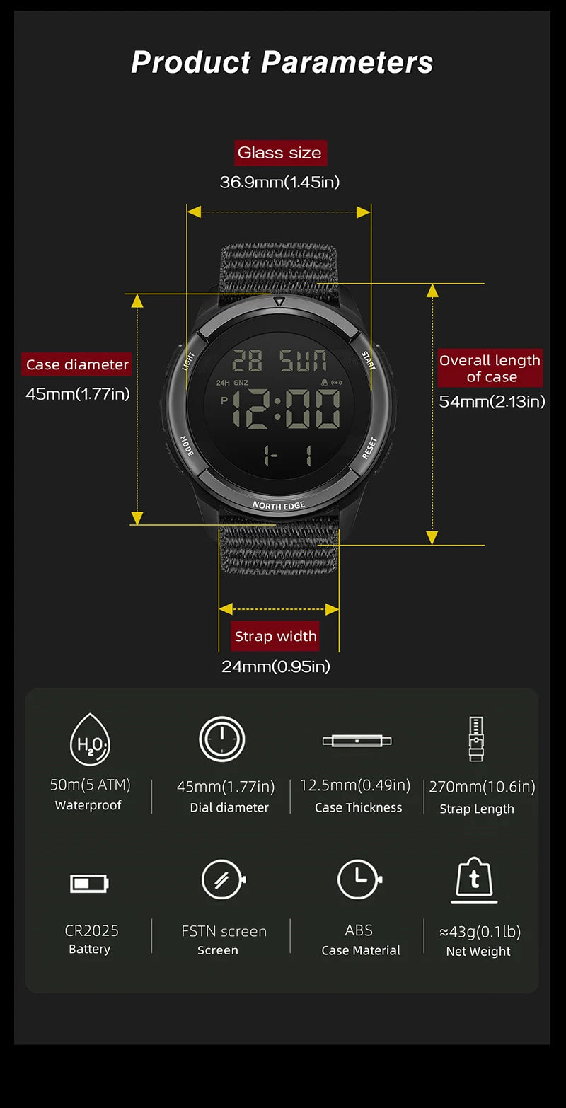 NORTH EDGE 2025 TERRAX Men's Digital Military Watches Outdoor Sports Swimming Waterproof 50M Stopwatch Countdown Light Watch Men