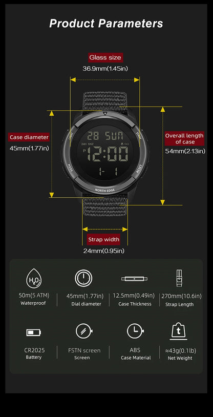 NORTH EDGE 2025 TERRAX Men's Digital Military Watches Outdoor Sports Swimming Waterproof 50M Stopwatch Countdown Light Watch Men