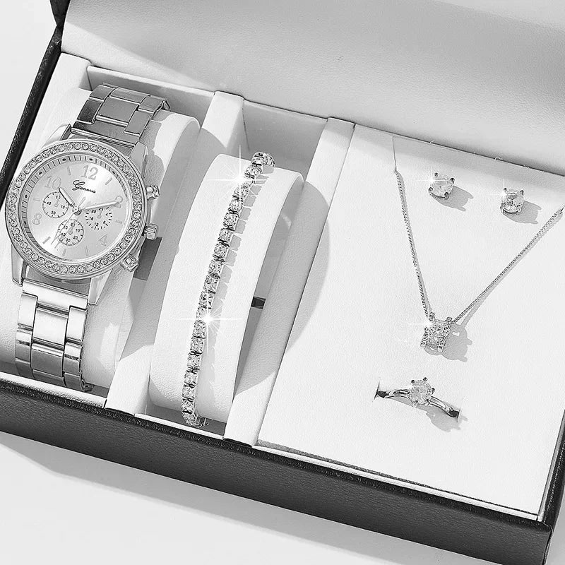 6pcs/set Jewelry Sets Women Quartz Watch Luxury with Stainless Steel Strap Clock Rhinestone Ring Necklace Earrings (no Box)