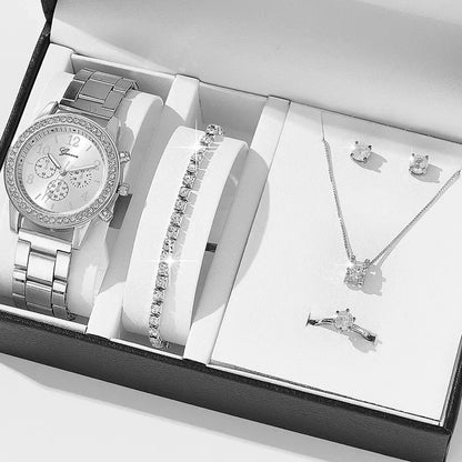 6pcs/set Jewelry Sets Women Quartz Watch Luxury with Stainless Steel Strap Clock Rhinestone Ring Necklace Earrings (no Box)