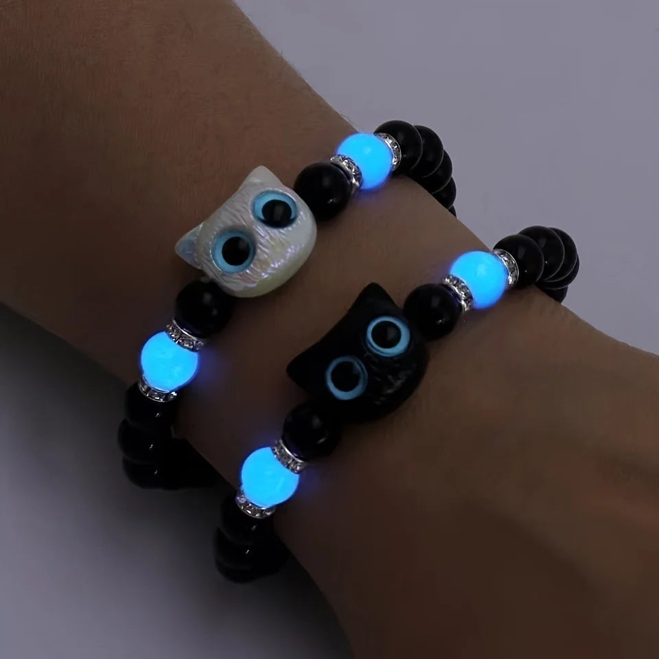 Matching bracelets for couples, women, men, luminous, cute cat friendship bracelet, black and white cat head bracelets, glow in the dark gift.